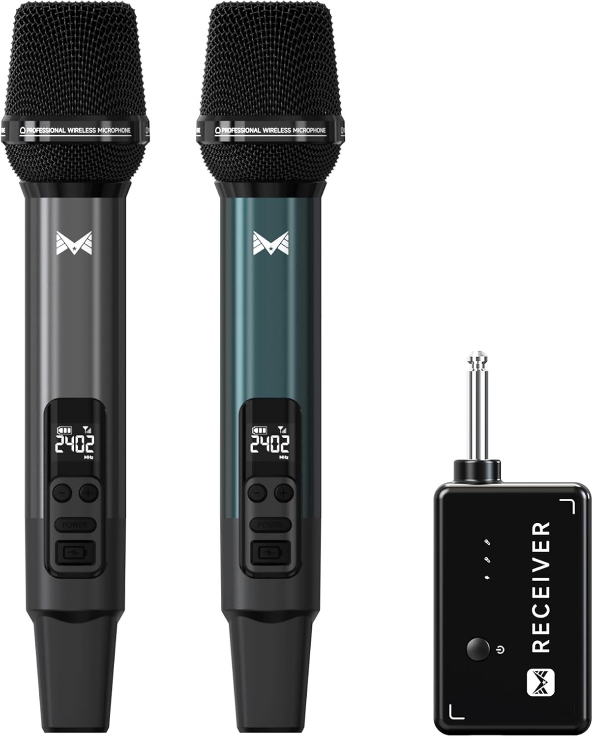 Shows buyers exactly what they will receive: two wireless microphones in different colors and one receiver unit, demonstrating the complete system included in the purchase.