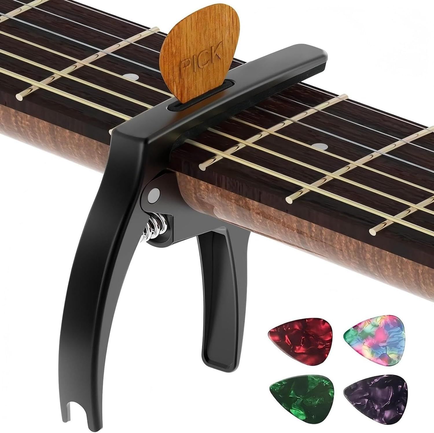 Shows the guitar capo along with all included items such as the wooden pick holder and four colorful guitar picks to demonstrate the complete value of the purchase.