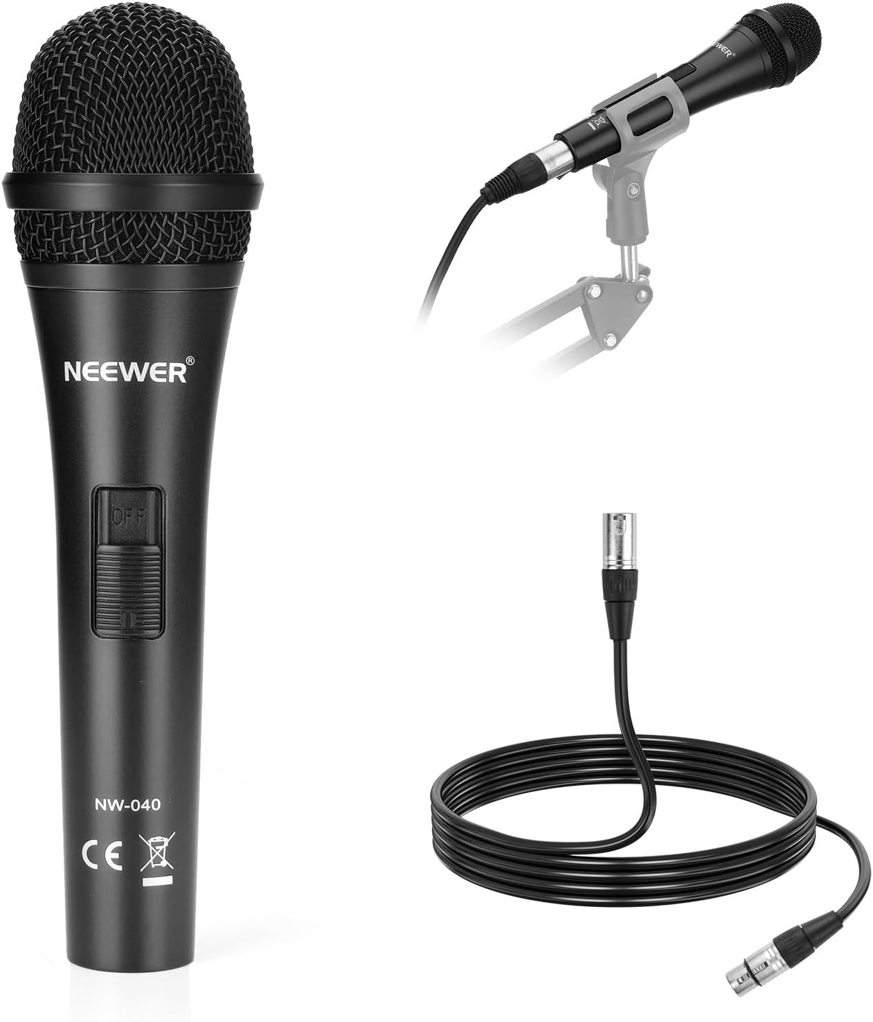 Shows buyers exactly what they will receive: the microphone, cable, and mounting clip, helping them understand the full contents of the purchase.