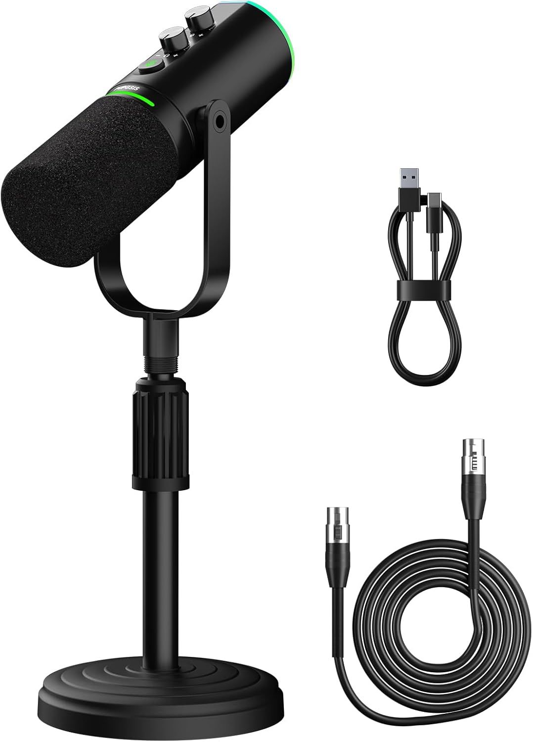 Shows the buyer exactly what is included in the purchase: the microphone with stand, USB charging cable, and XLR audio cable.