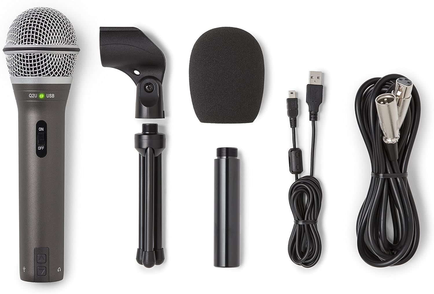 Shows buyers exactly what they will receive in the purchase, including the USB microphone, stand adapters, windscreen, cables, and all necessary accessories for immediate use.