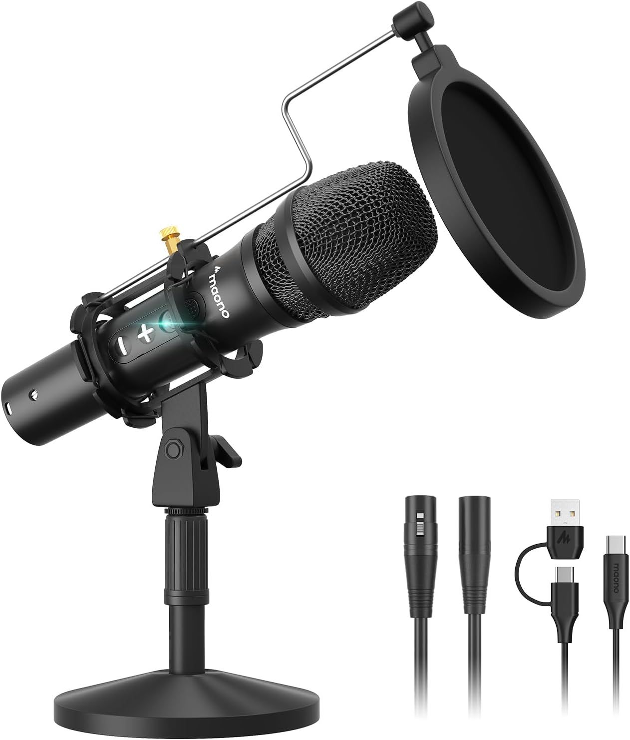 Shows the buyer exactly what is included in the purchase: the microphone with shock mount, pop filter, stand, XLR cable, and USB cables, ensuring transparency about all included items.