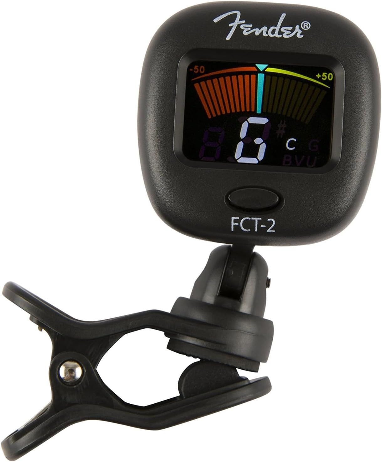 Shows the core product clearly against a white background to help shoppers identify the Fender FCT-2 guitar tuner and understand its key features like the colorful digital display and clip-on…
