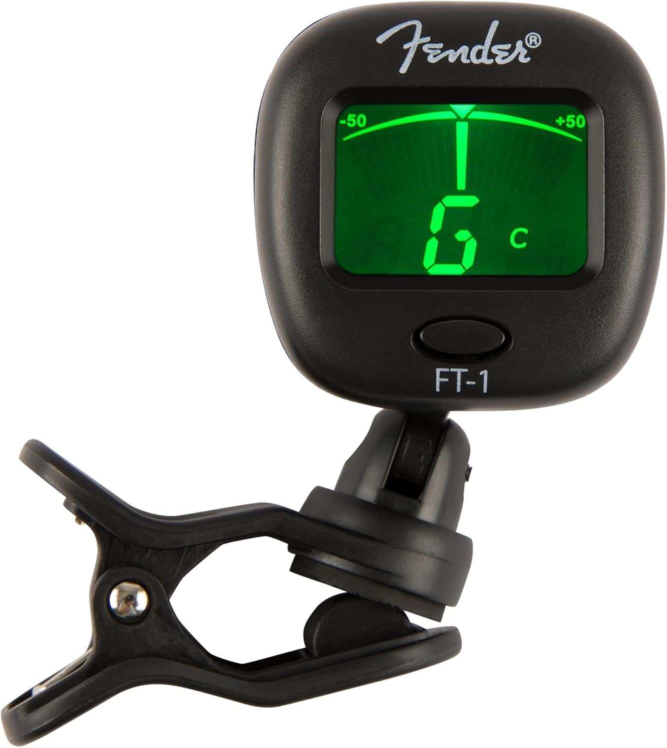 Shows the core product clearly on a white background to help shoppers identify the Fender FT-1 guitar tuner and its key features including the digital screen and clip-on design.