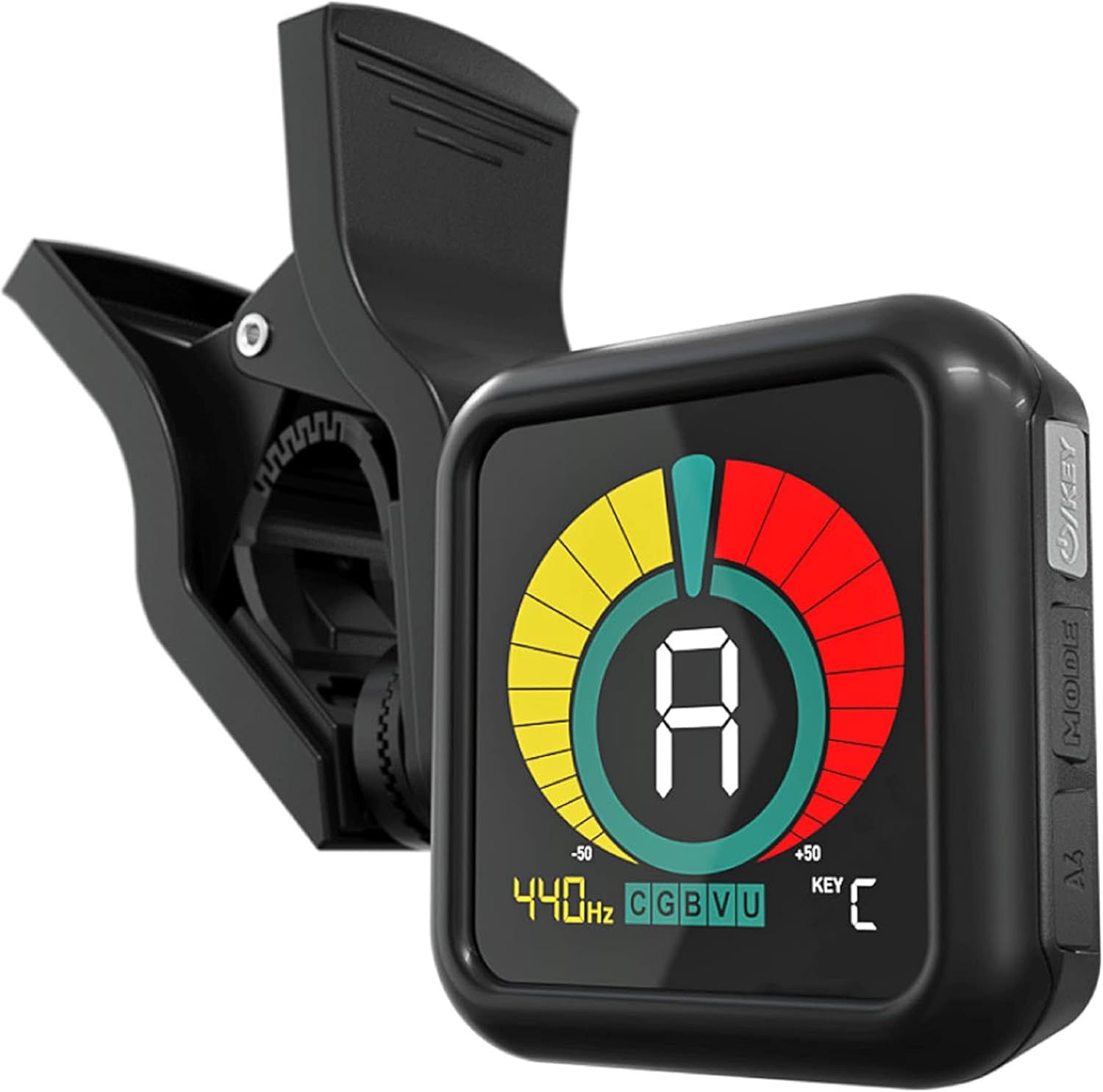 Shows the core product clearly against a white background to help shoppers identify the guitar tuner and its key features including the digital display and clip mechanism.