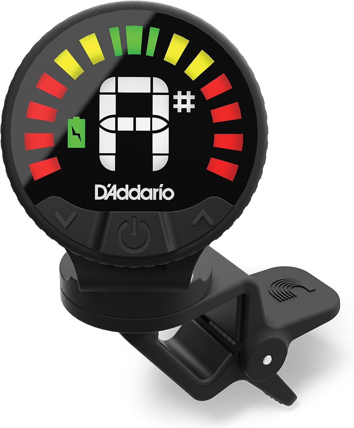 Shows the core product clearly against a white background to help shoppers quickly identify the clip-on tuner with its display and mounting mechanism.