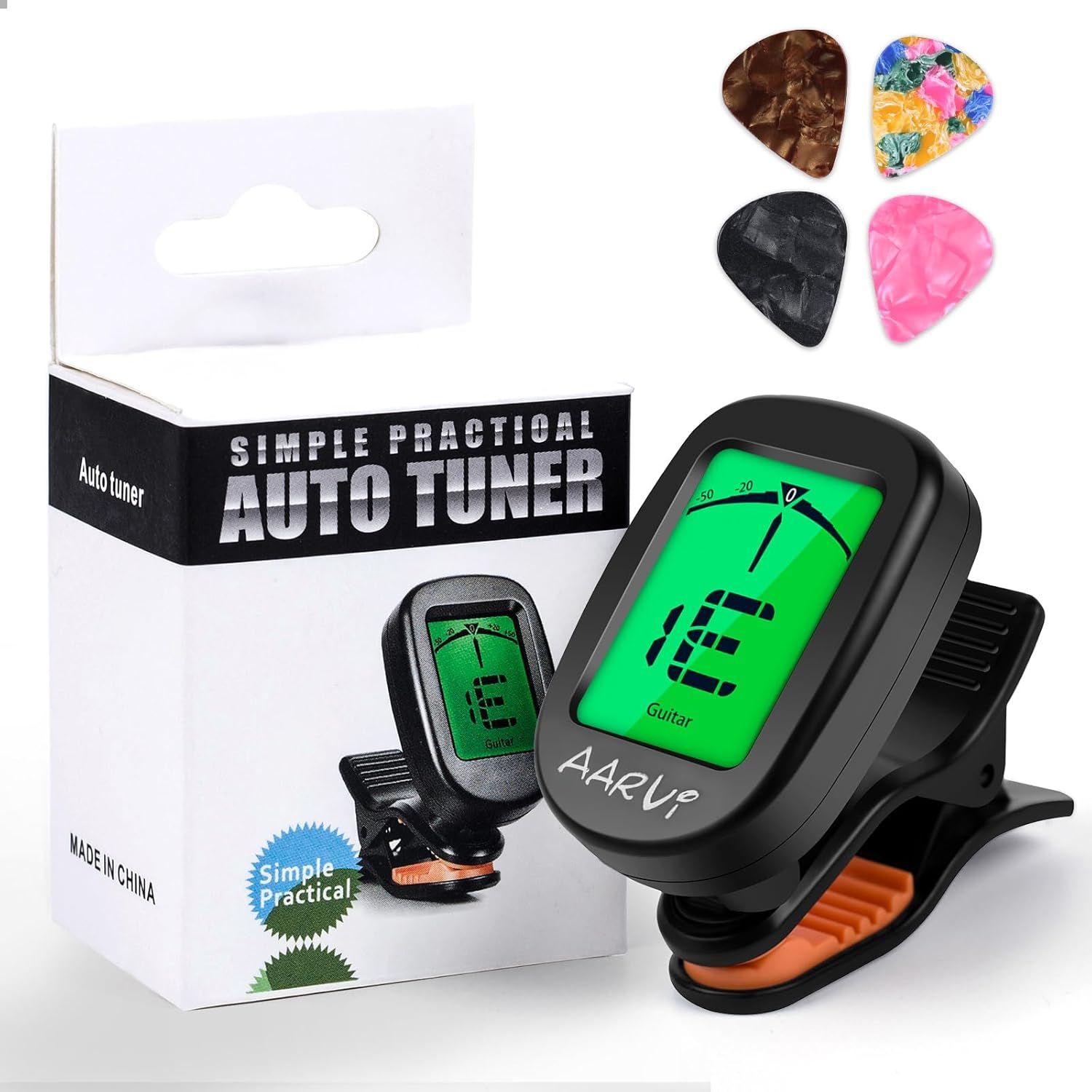 Shows the buyer exactly what is included in the purchase: the auto tuner device, retail packaging, and bonus guitar picks in multiple colors. Displays the product alongside its branded retail box to…