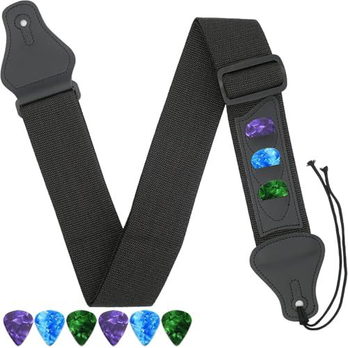 Shows the guitar strap along with all included guitar picks to communicate exactly what the buyer will receive in their purchase.