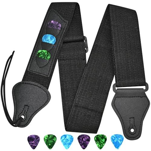 Shows the guitar strap along with all included guitar picks to communicate exactly what the buyer will receive in their purchase.
