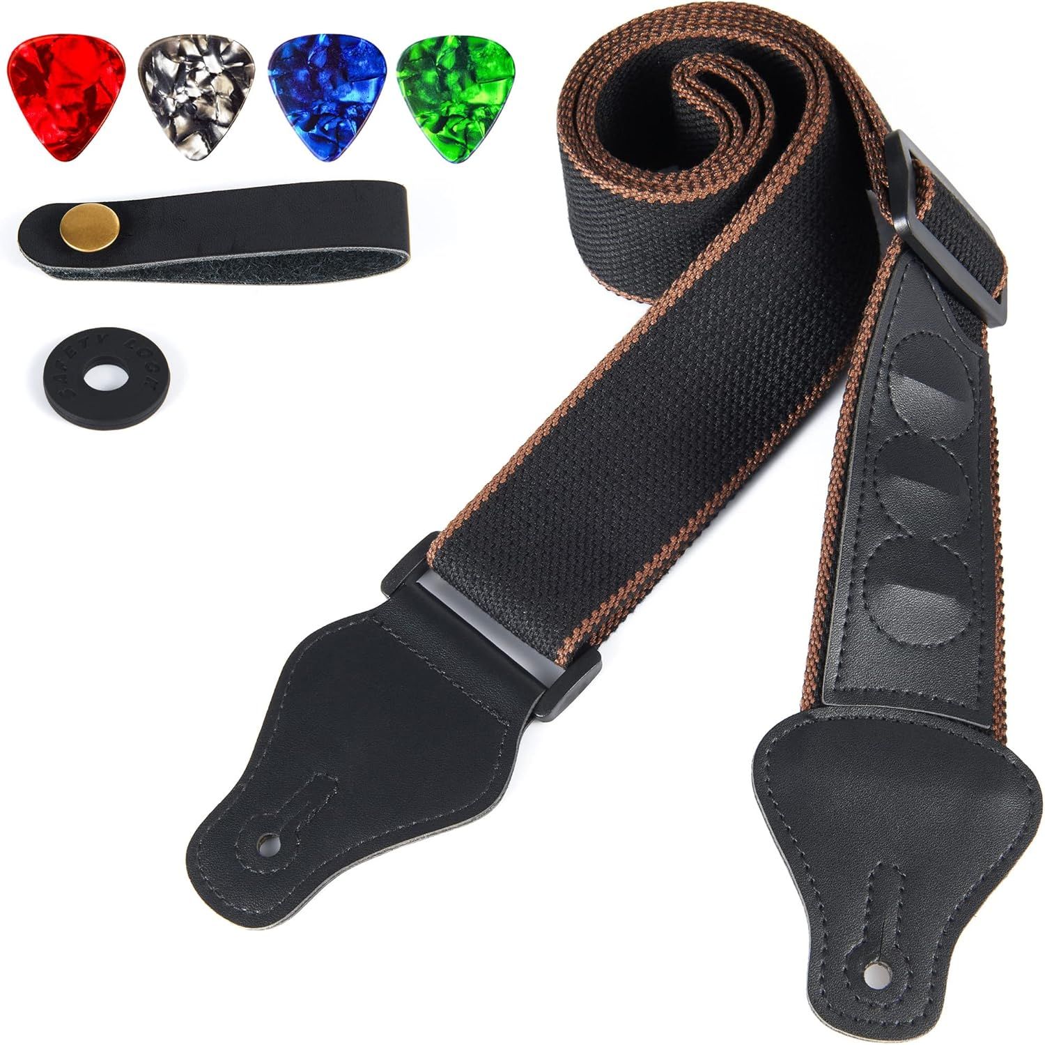 Shows buyers exactly what they will receive in the purchase, including the guitar strap, picks, strap button, and leather holder, demonstrating the complete value of the bundle.