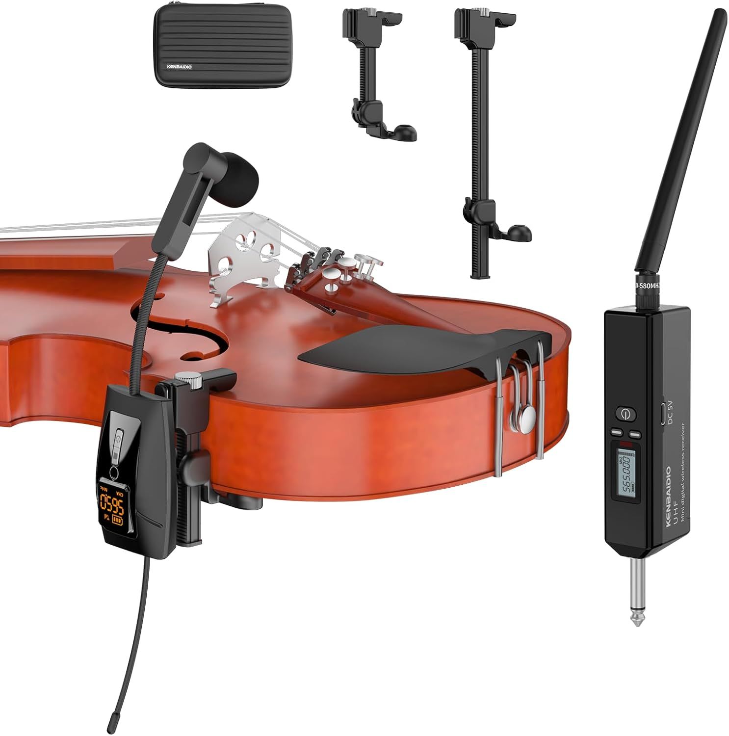 Shows all included components of the wireless instrument system, including the transmitter, receiver, mounting clips, and carrying case, so buyers understand exactly what they will receive.