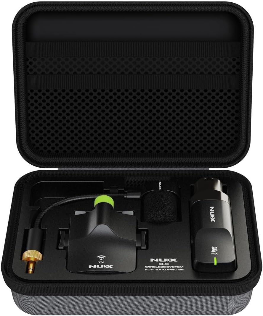 Shows all included parts of the NUX wireless system for saxophone in an organized case, helping buyers understand exactly what they will receive with their purchase.