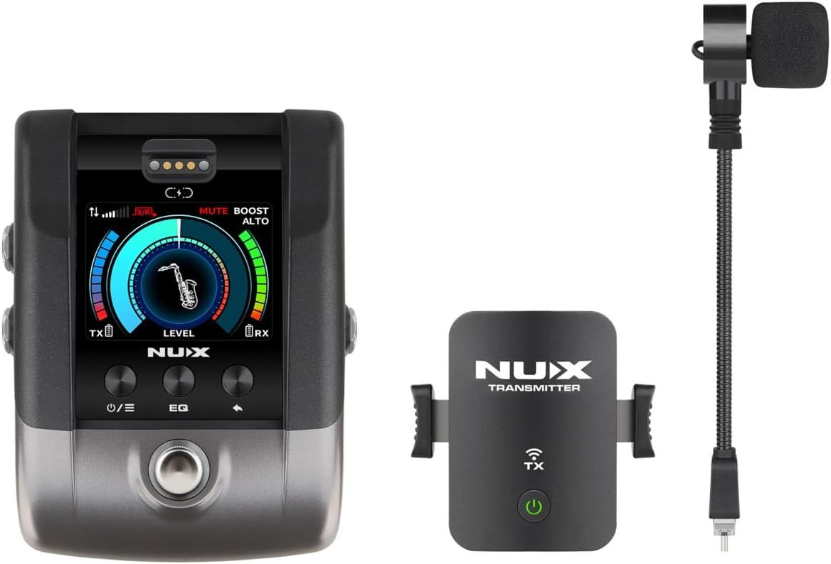 Shows all included components of the wireless audio system so buyers understand exactly what they will receive: the receiver unit with display, transmitter module, and microphone attachment.