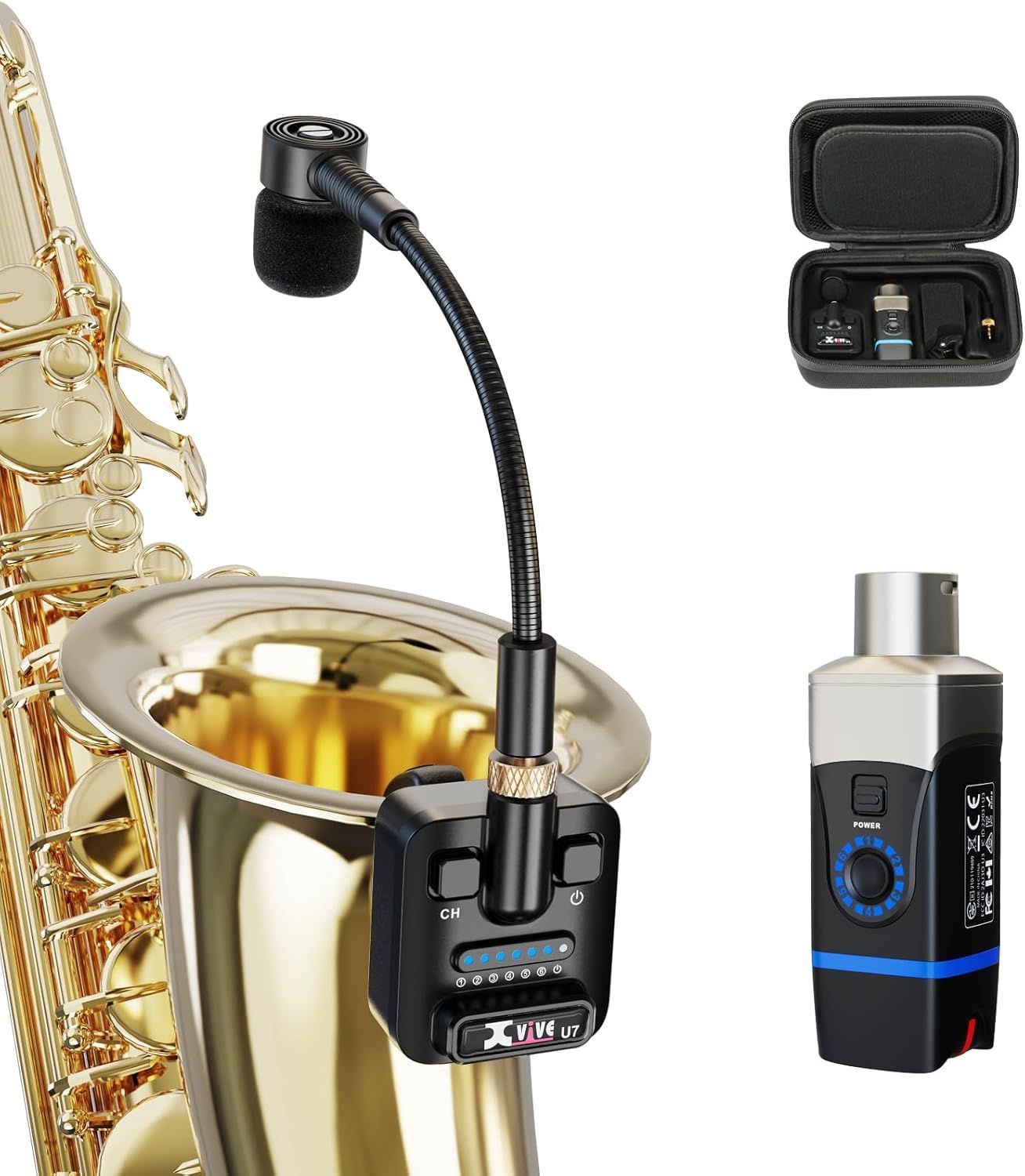 Shows all included components of the wireless instrument microphone system, including the microphone with gooseneck, transmitter, receiver, and carrying case, so buyers know exactly what they will…