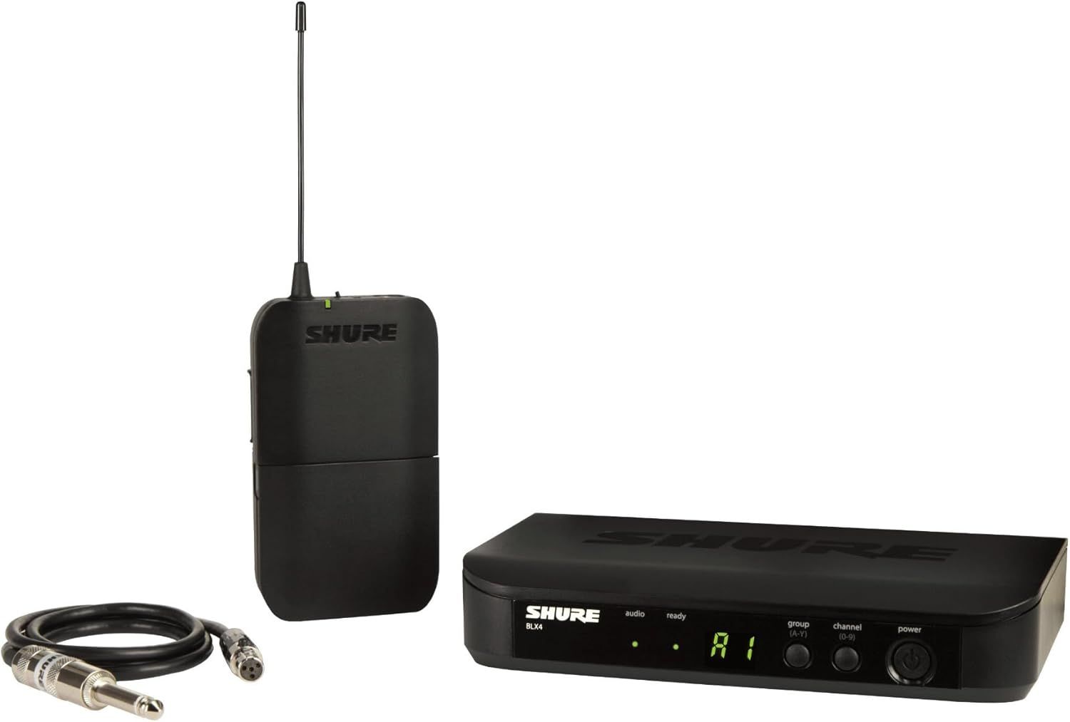 Shows buyers all included components of the wireless audio system: receiver unit, bodypack transmitter with antenna, and instrument cable, so they understand exactly what they will receive.