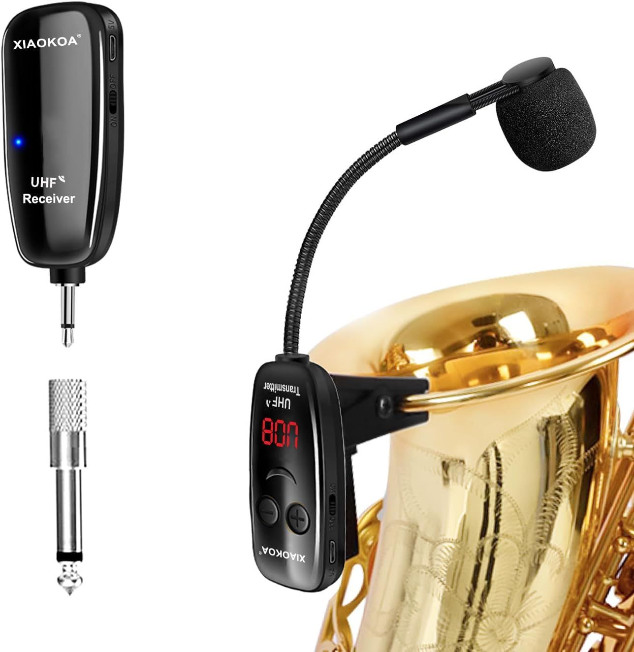 Shows buyers exactly what they will receive: a UHF wireless microphone system including the receiver, transmitter with display, gooseneck microphone, and adapter, demonstrating the complete package…