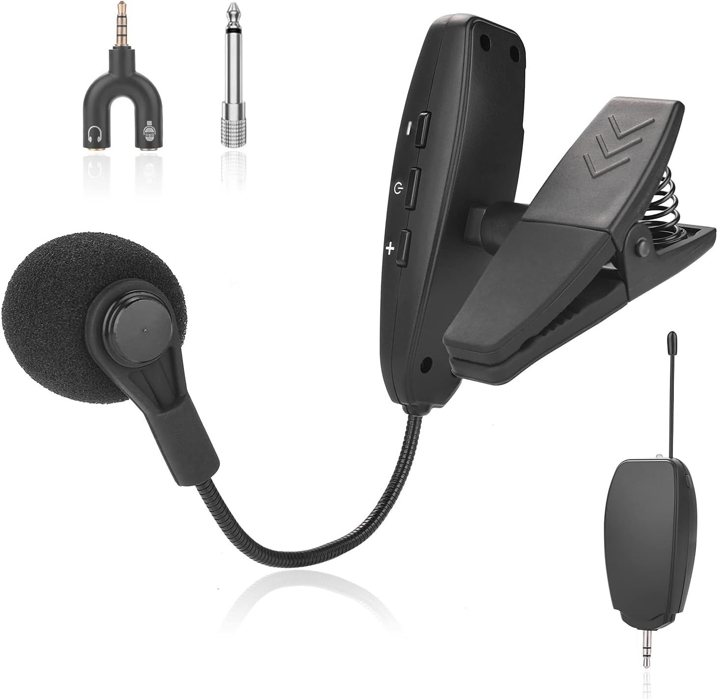 Shows all included components and accessories to communicate the complete package the buyer will receive, including the main microphone unit, clip attachment, earpiece, adapters, and receiver.