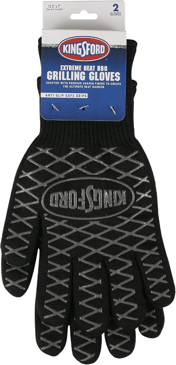 Shows the product in its retail packaging to communicate brand identity and key features like extreme heat protection and safe grip technology for BBQ grilling.