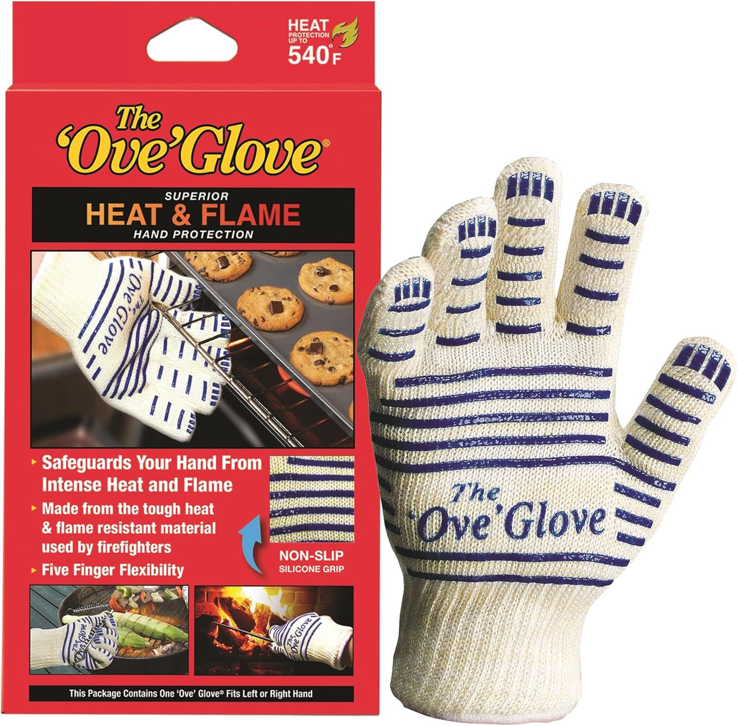 Shows the product alongside its retail packaging to communicate brand identity, heat protection up to 540F, and professional retail readiness while highlighting key features like flame resistance…