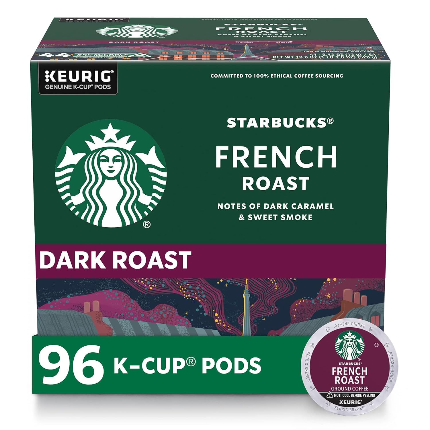 Shows the product in its branded retail box alongside a single K-Cup pod to communicate brand identity, product quantity, and what the shopper will receive.