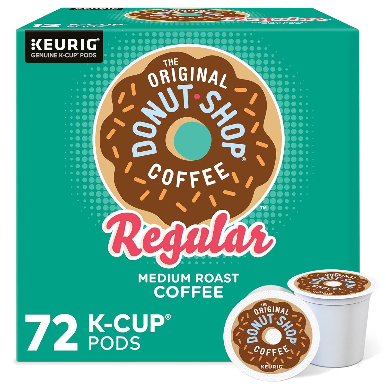 Shows the product in its branded retail box alongside individual K-Cup pods to communicate brand identity, quantity, and what the buyer will receive.