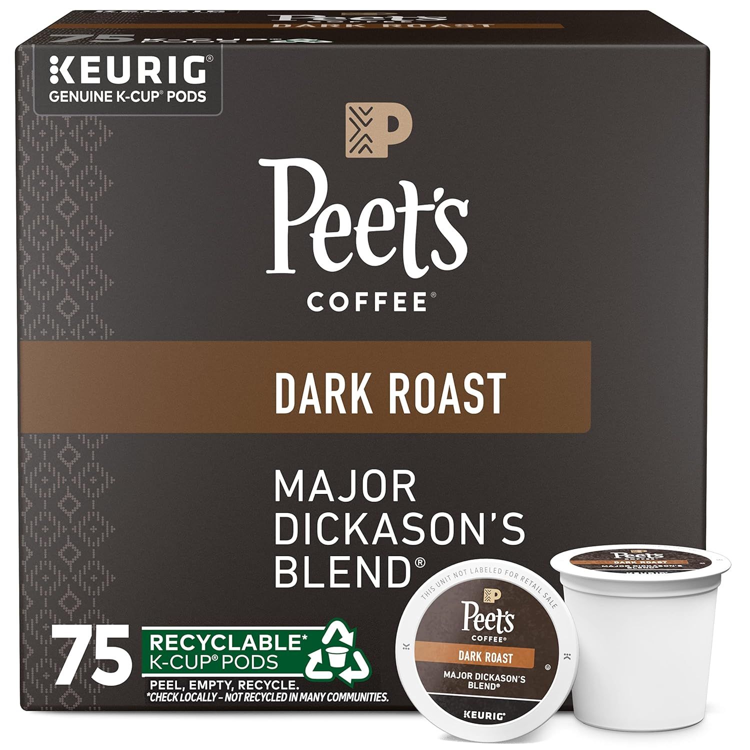 Shows the product in its retail box alongside individual K-Cup pods to communicate brand identity, product quantity, and what the shopper will receive.