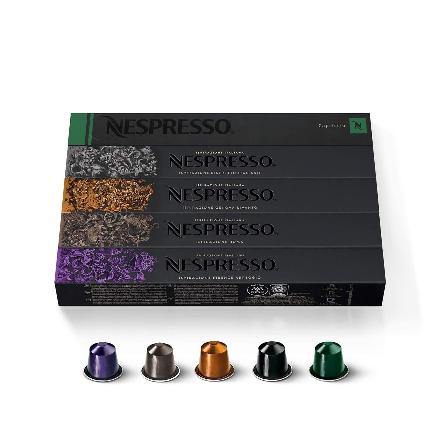 Showcases the elegant retail packaging and variety of Nespresso coffee capsule flavors to communicate brand quality and product selection. Displays the different flavor variations available in the…