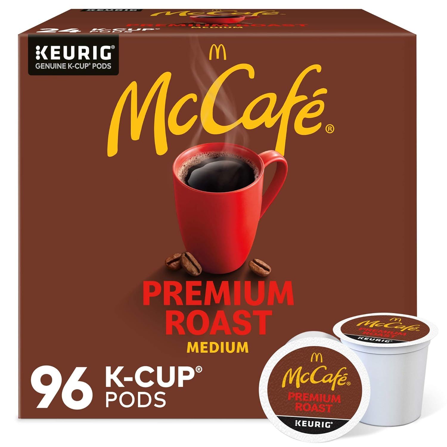 Shows the product in its branded retail box alongside individual K-Cup pods to communicate brand identity, quantity, and what the customer will receive.