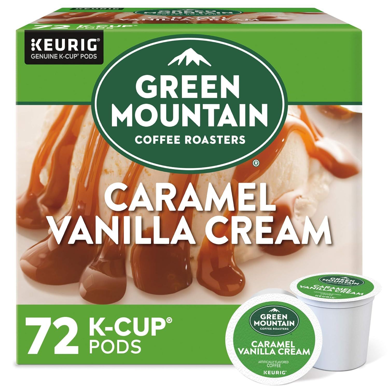 Shows the product in its branded retail box alongside individual K-Cup pods to communicate brand identity, quantity, and what the customer will receive.
