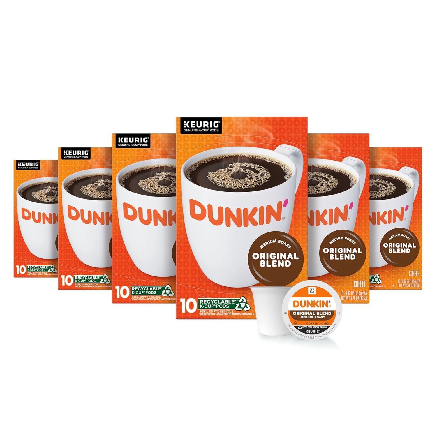 Shows the product with its retail packaging to communicate brand identity, quantity included, and recyclable K-Cup format, helping shoppers understand exactly what they will receive.