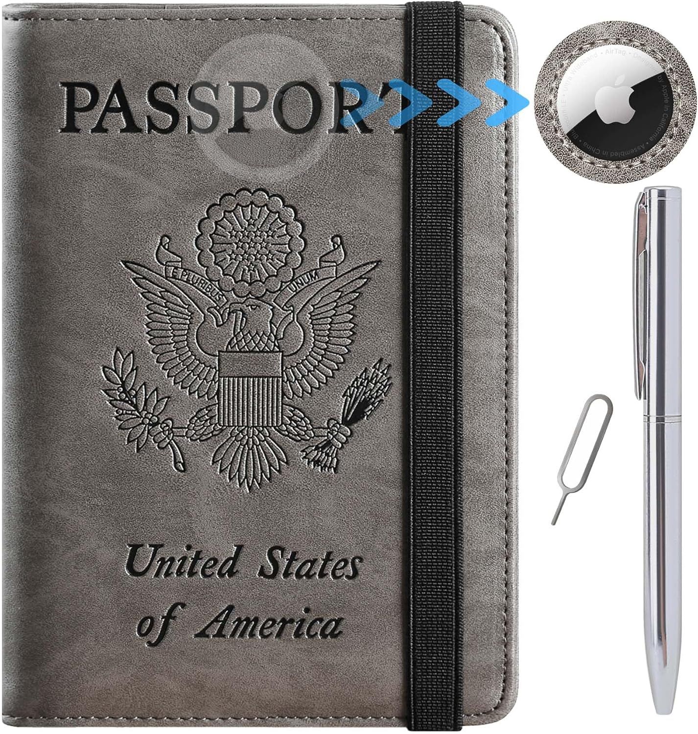 Shows buyers exactly what they will receive in the purchase: a passport holder with slots for an AirTag tracker, a pen, and a SIM removal tool for comprehensive travel convenience.