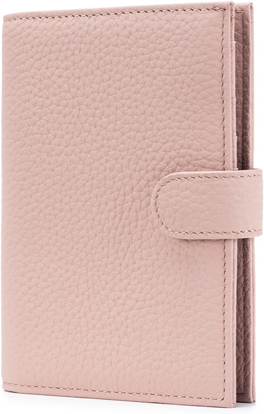 Displays the wallet clearly against a white background to show the product design, textured leather material, and functional snap closure, helping shoppers identify the core product being sold.