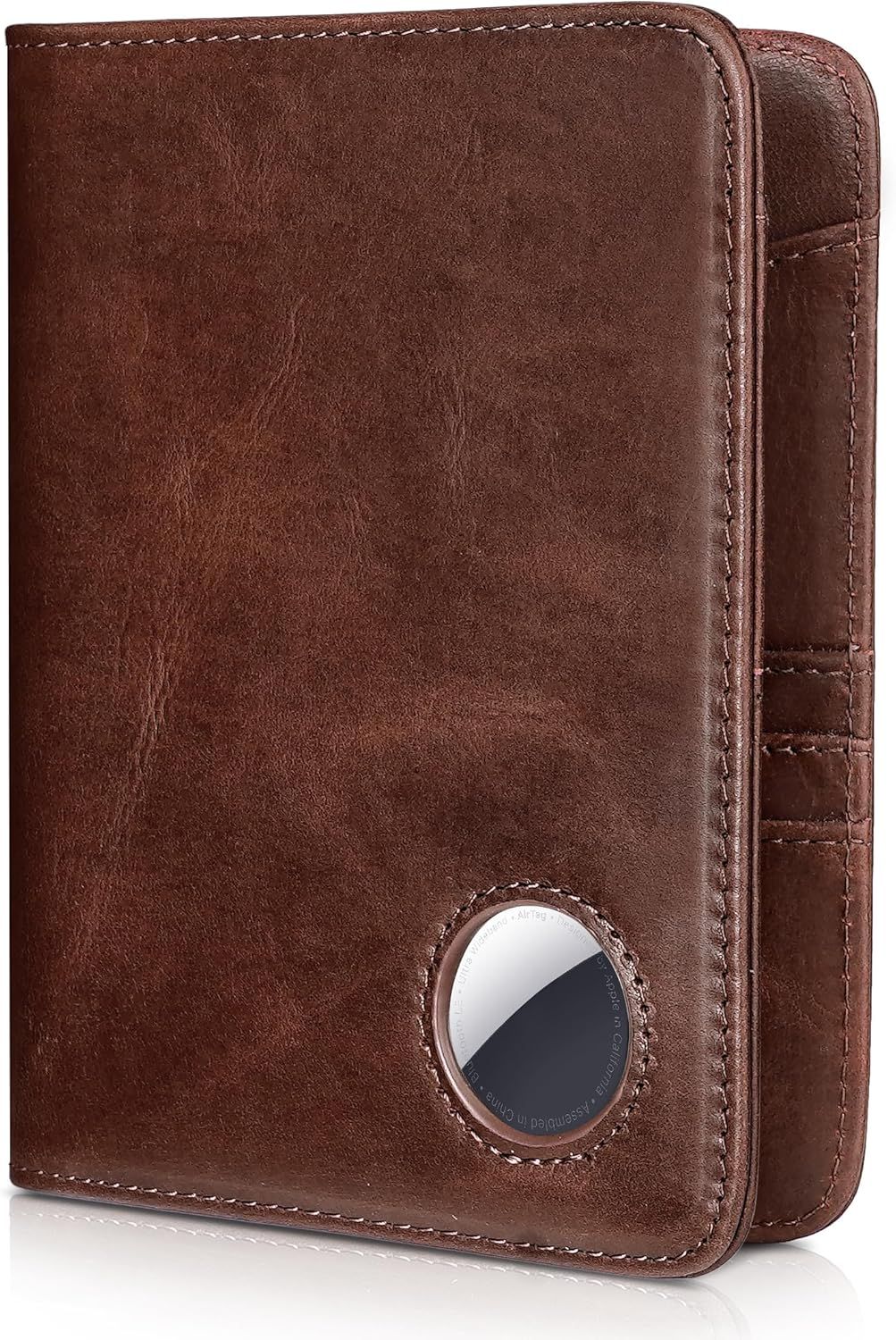 Displays the core product, a brown leather wallet with visible stitching and an integrated AirTag holder, to help shoppers identify the item and its quality craftsmanship.
