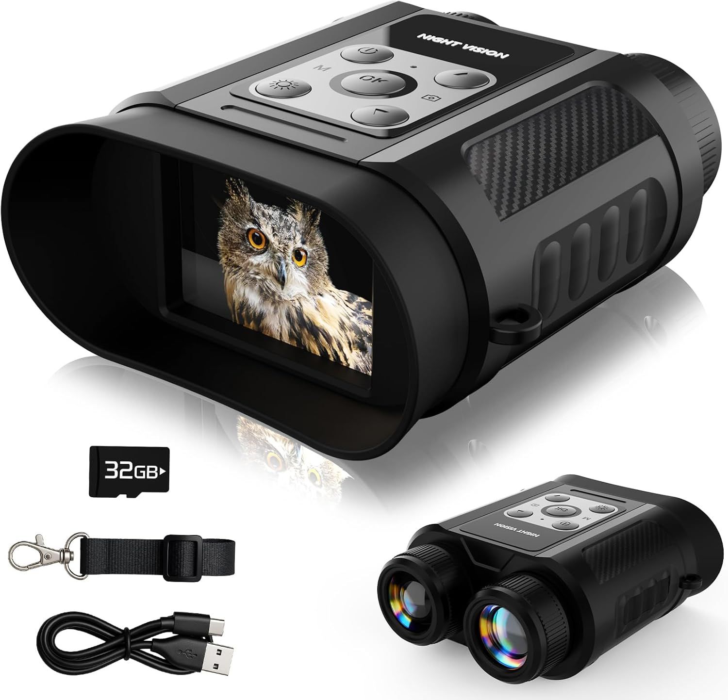Shows the core night vision binocular device with its display screen actively showing an owl image to demonstrate the product's night vision capability and image quality. Displays all included…