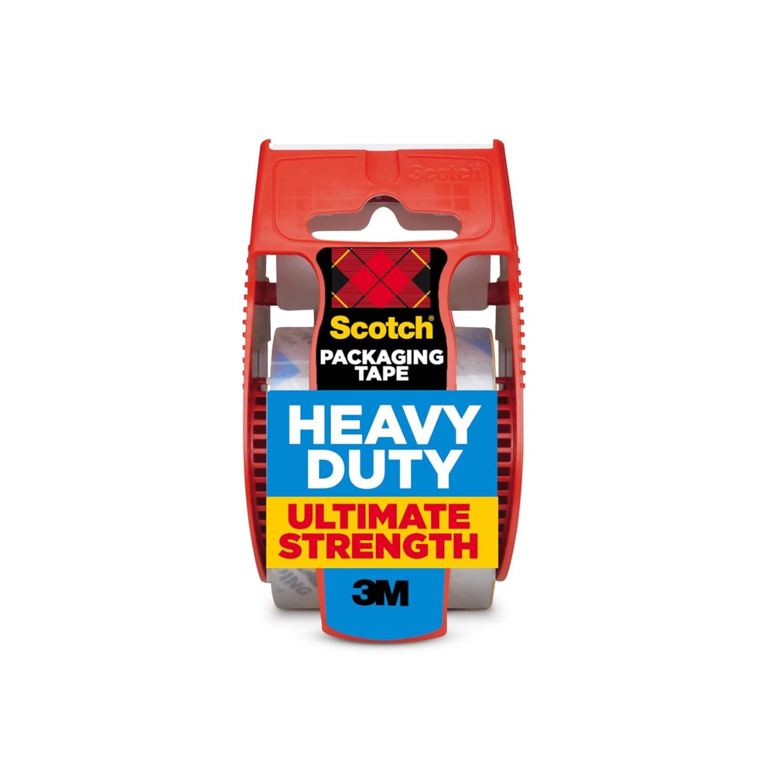 Shows the core product clearly - a Scotch Heavy Duty packaging tape with built-in dispenser, emphasizing its ultimate strength feature to reassure buyers of its quality and durability for shipping…
