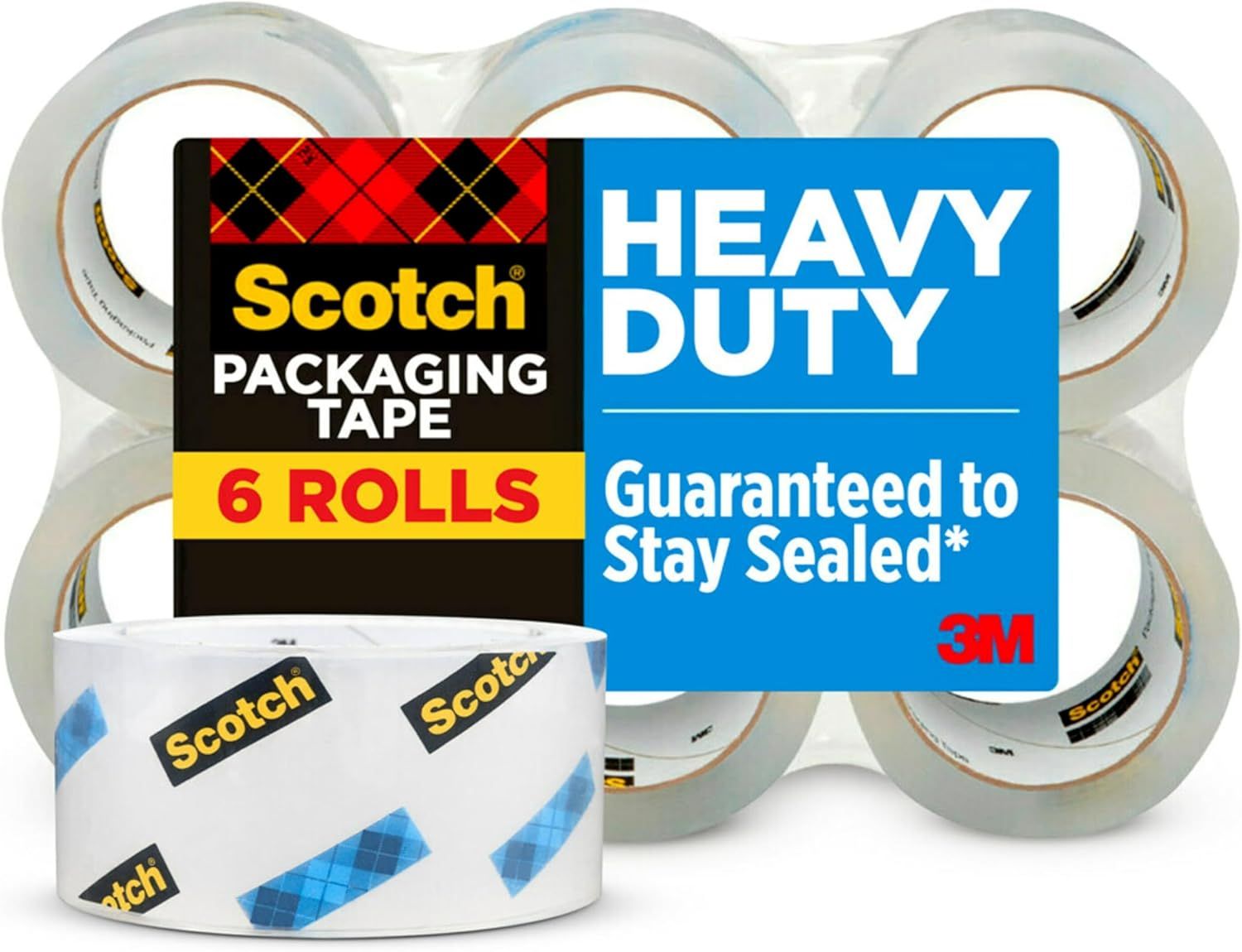 Shows the core product, a 6-roll pack of Scotch Heavy Duty Packaging Tape, clearly displaying the quantity and brand to help shoppers understand what they are purchasing. Displays the retail…