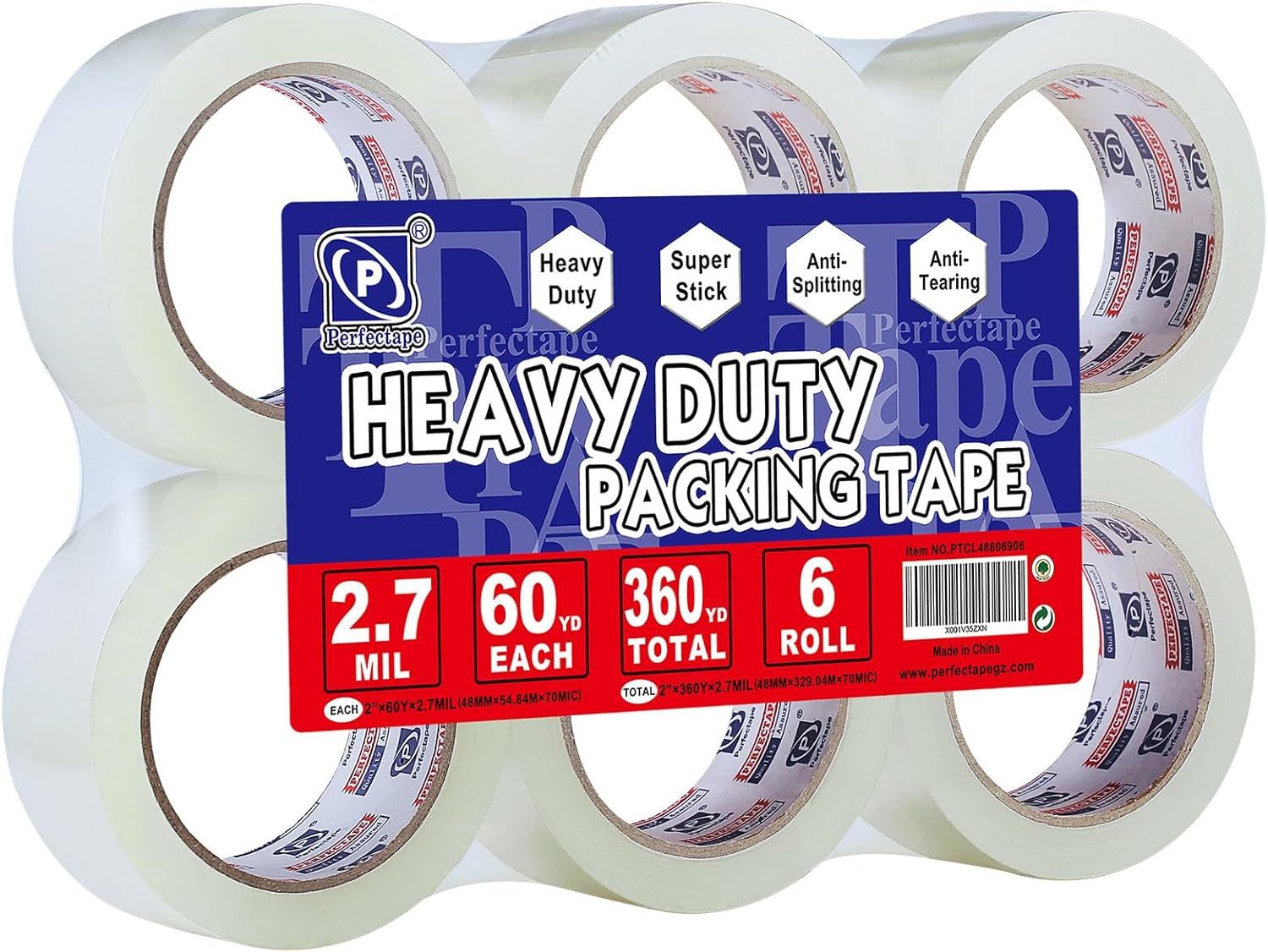 Shows the core product, a 6-roll pack of heavy duty packing tape, clearly displaying the quantity and product type to help shoppers understand what they are purchasing. Uses a prominent graphic…
