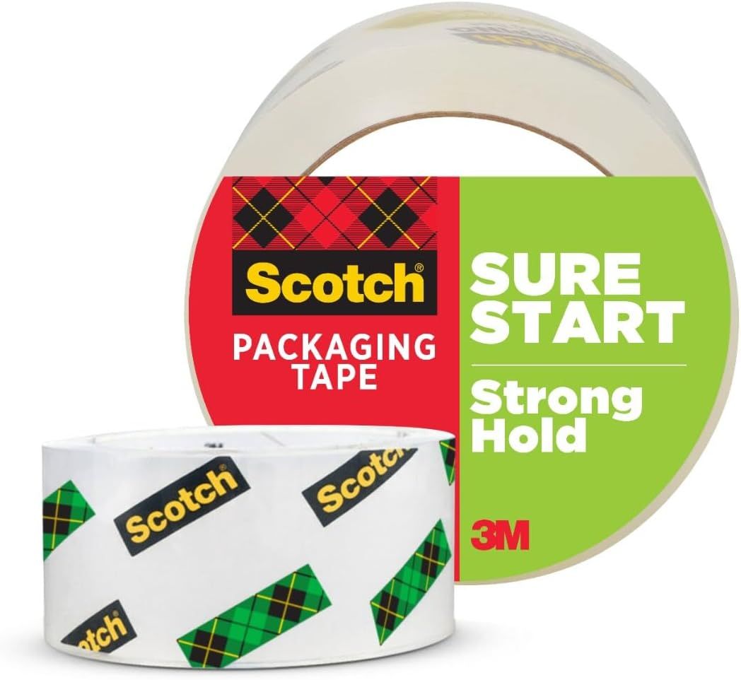 Displays the core product, a Scotch packaging tape roll, clearly showing the brand and product type to help shoppers identify what they are purchasing. Features a prominent graphic label overlay…