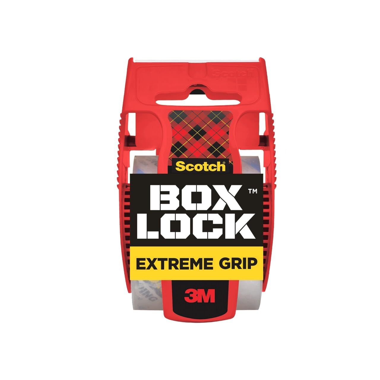 Shows the Scotch Box Lock packaging tape dispenser in its retail packaging to communicate the product identity and key feature of extreme grip for secure box sealing. Displays the physical retail…