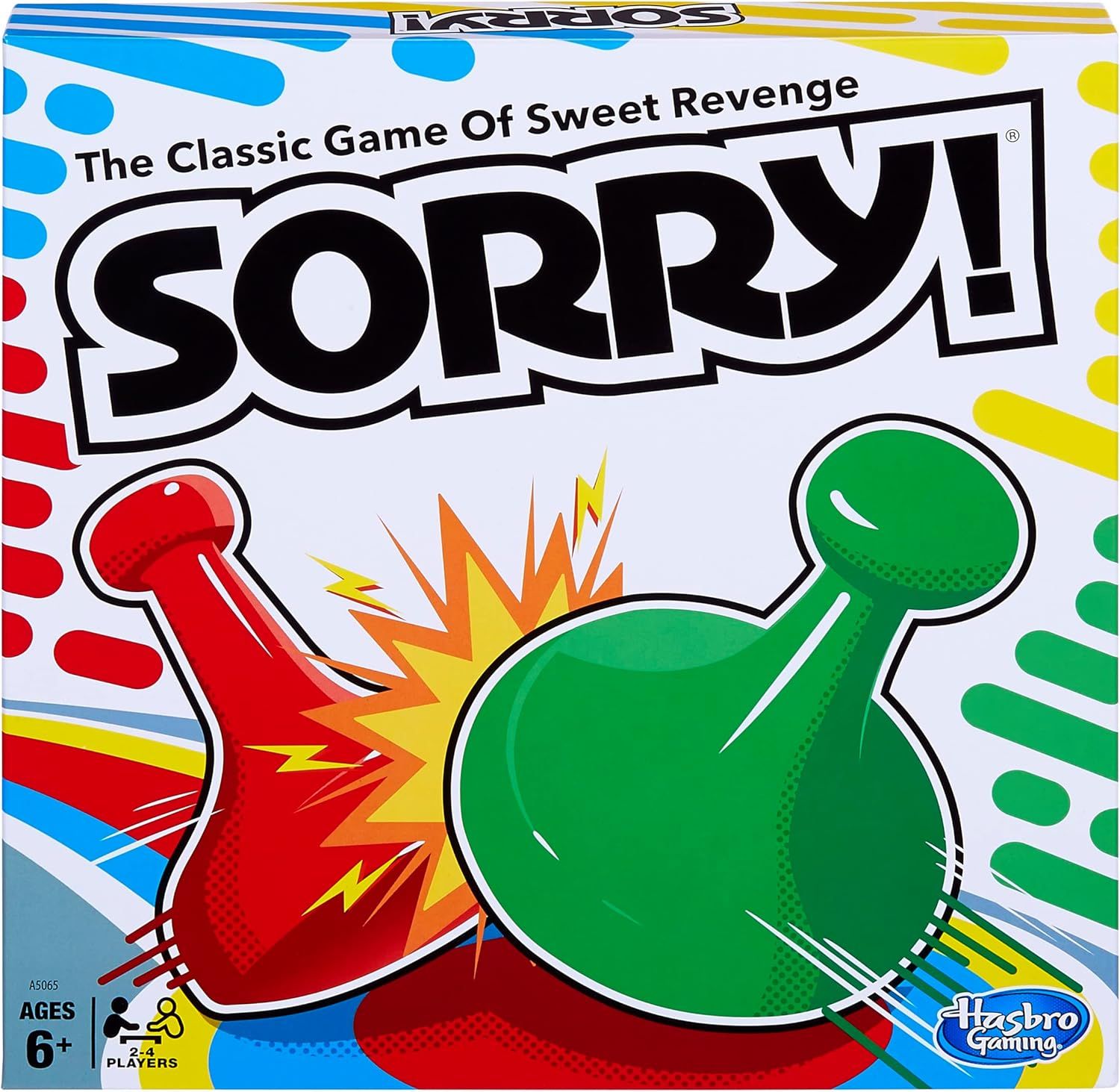 Displays the Sorry! board game box to clearly show the product being sold, featuring the iconic game logo and colorful game piece graphics that shoppers recognize. Shows the actual retail packaging…