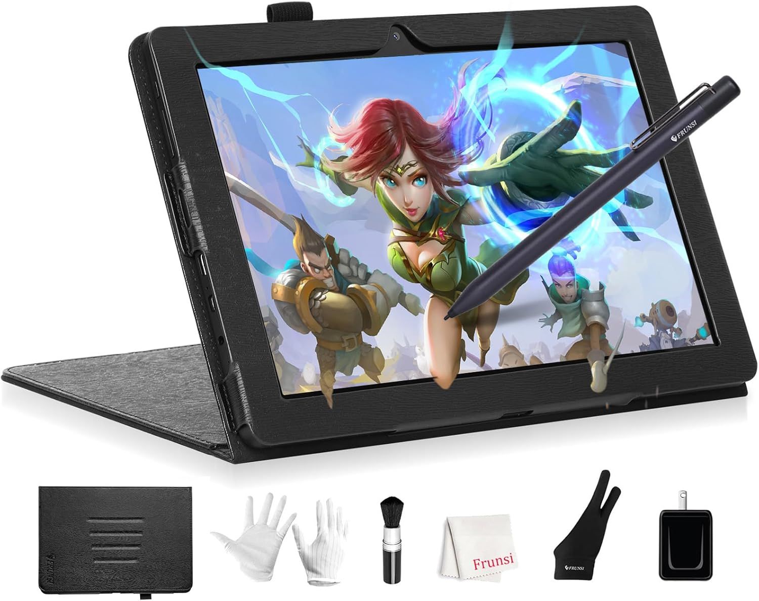 Shows the core product—a drawing tablet with stylus and protective case/stand—displaying vibrant artwork to communicate its creative capabilities and included accessories. Displays all included…