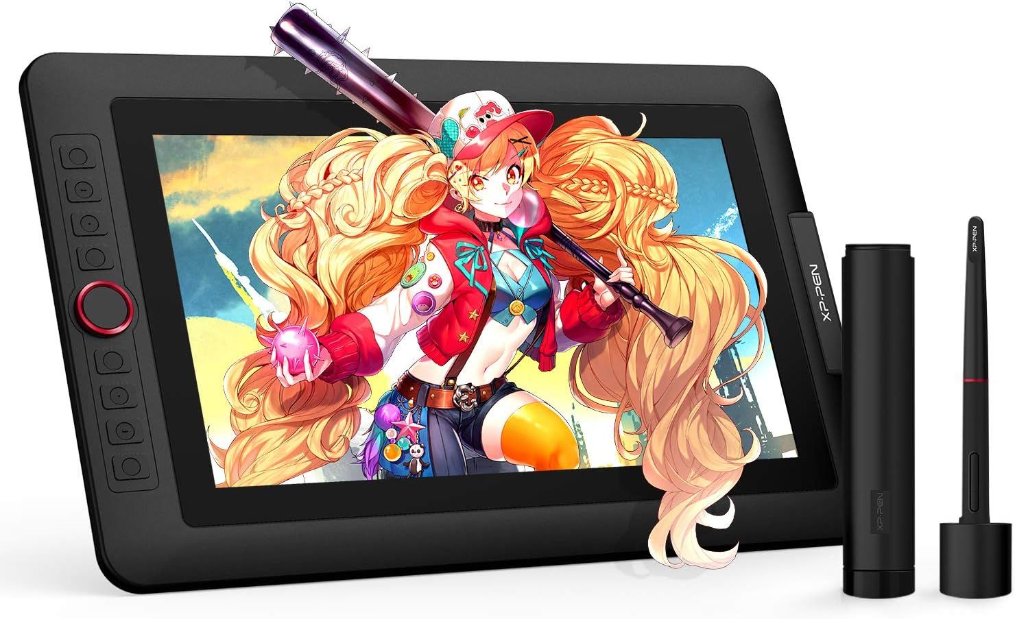 Shows the core drawing tablet product with its included stylus and adapter, displaying vibrant artwork on screen to demonstrate its capability for digital art creation. Highlights the included…