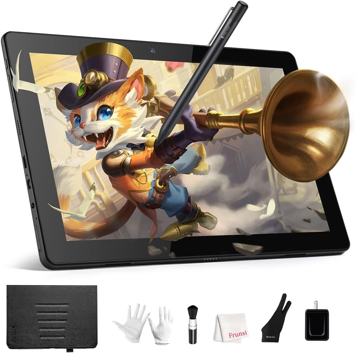 Shows the core product—a digital drawing tablet with stylus—displaying vibrant artwork to communicate its creative capabilities and appeal to digital artists. Displays all included accessories such…