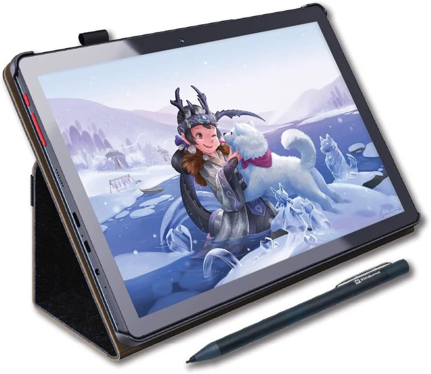 Shows the core product - a tablet device with included stylus and protective stand case - displaying its screen and form factor to help shoppers understand what they are purchasing. Demonstrates…
