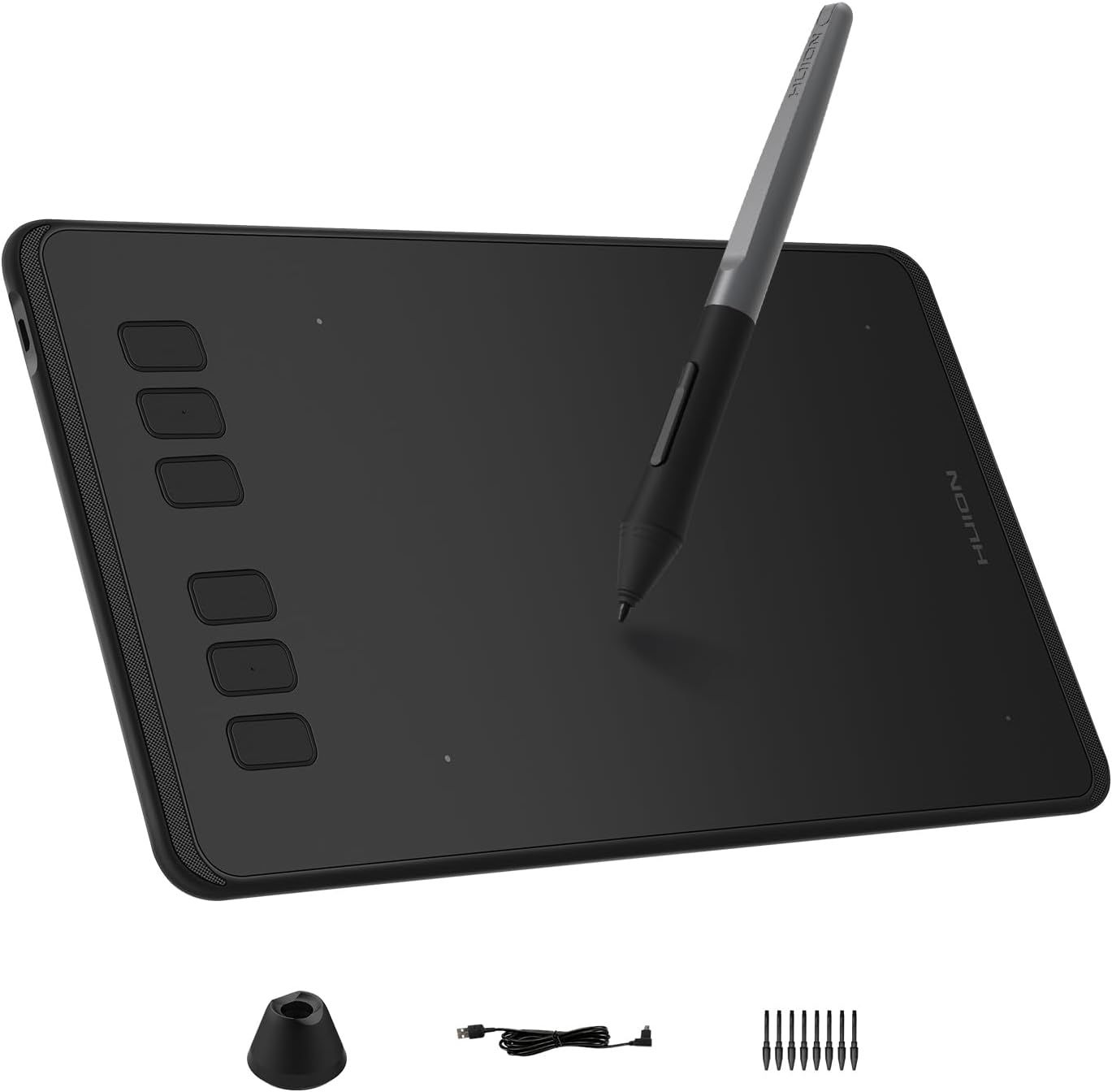 Shows the core product, a graphics drawing tablet with stylus, to communicate its design, functionality, and professional appearance to digital artists and designers. Displays all included…