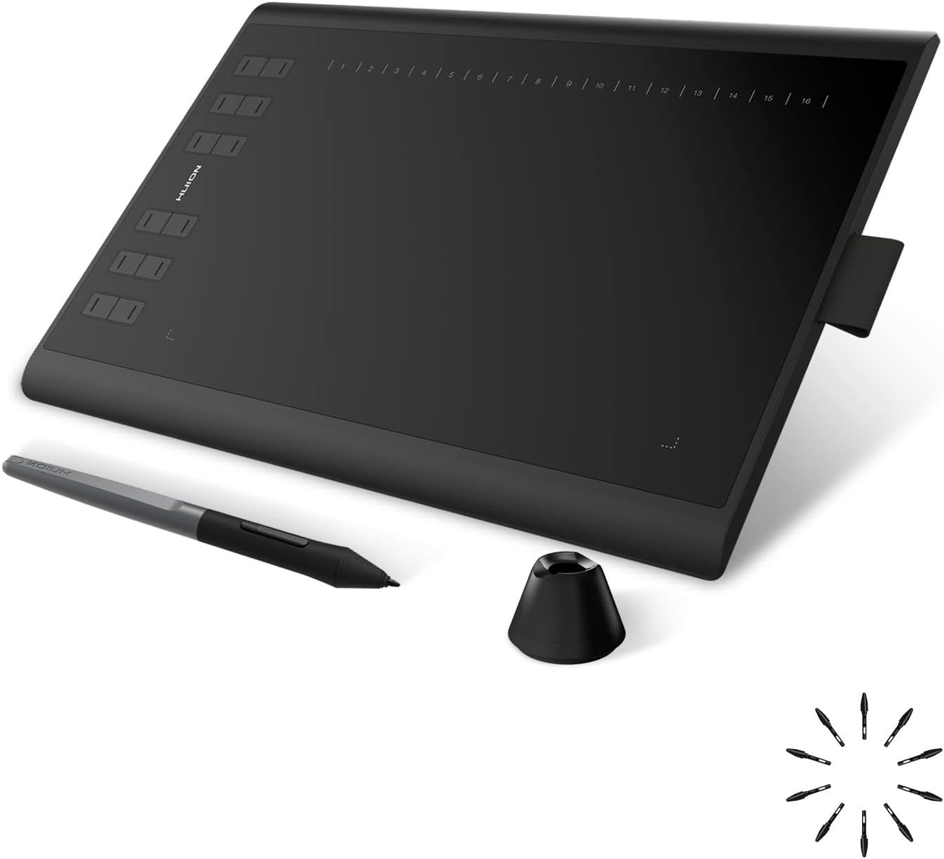 Shows the core product - a professional drawing tablet with included stylus, pen holder, and replacement nibs - to communicate what the buyer will receive. Demonstrates that the purchase includes…