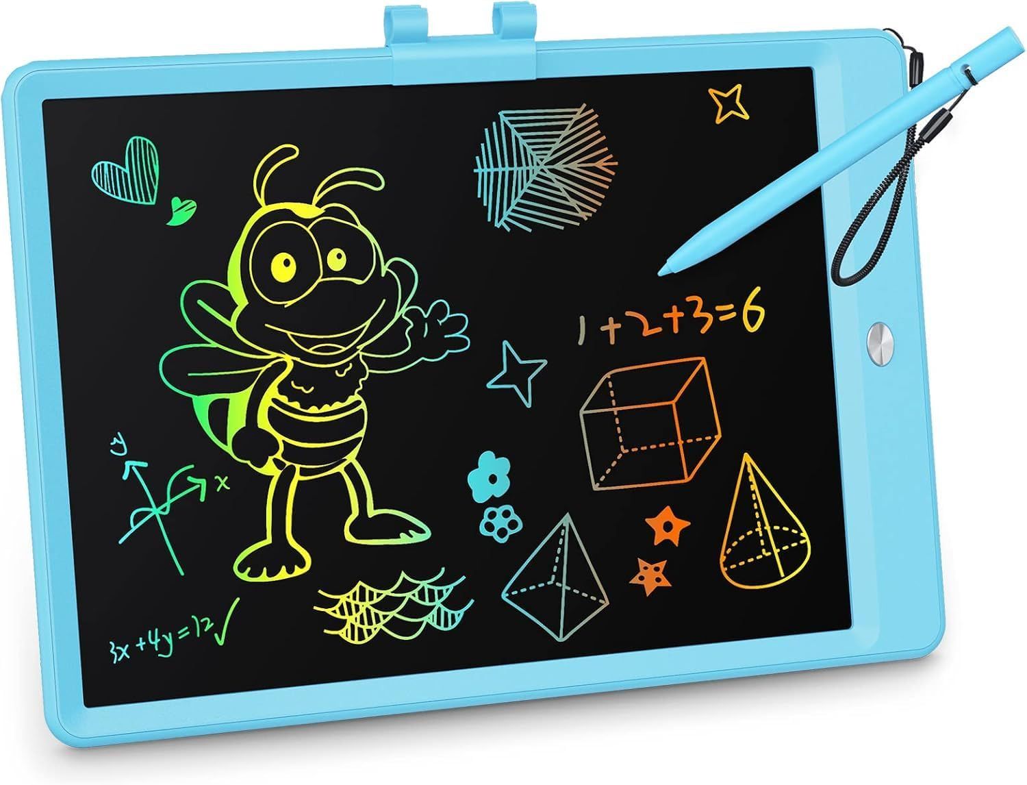 Shows the core product, an LCD drawing tablet with colorful display capabilities, demonstrating its function as a creative tool for children with sample drawings visible on the screen. Demonstrates…