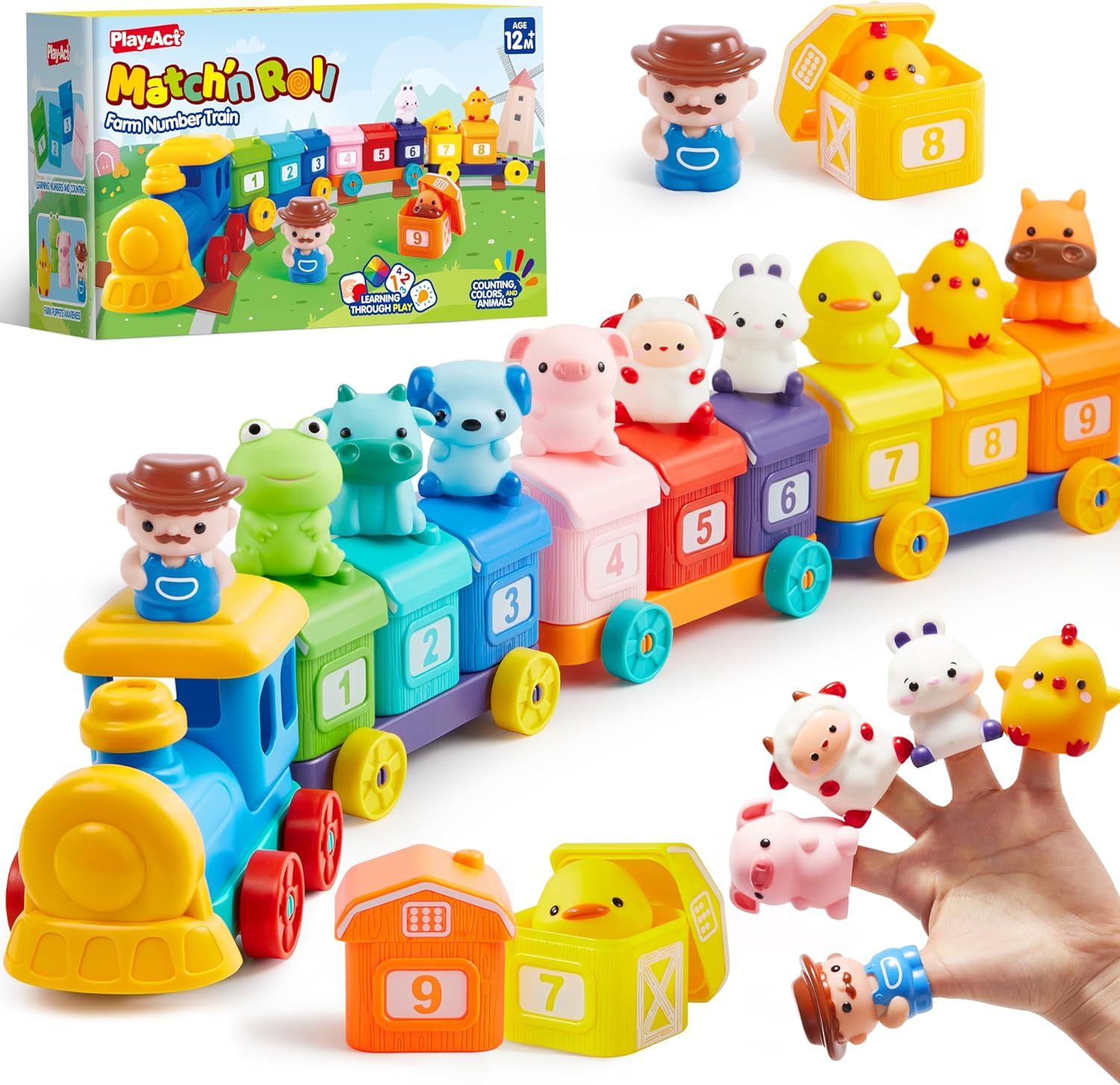 Shows the complete toy train set with numbered cars and adorable animal figures to communicate the product's educational play value and appeal to parents shopping for toddler learning toys. Displays…