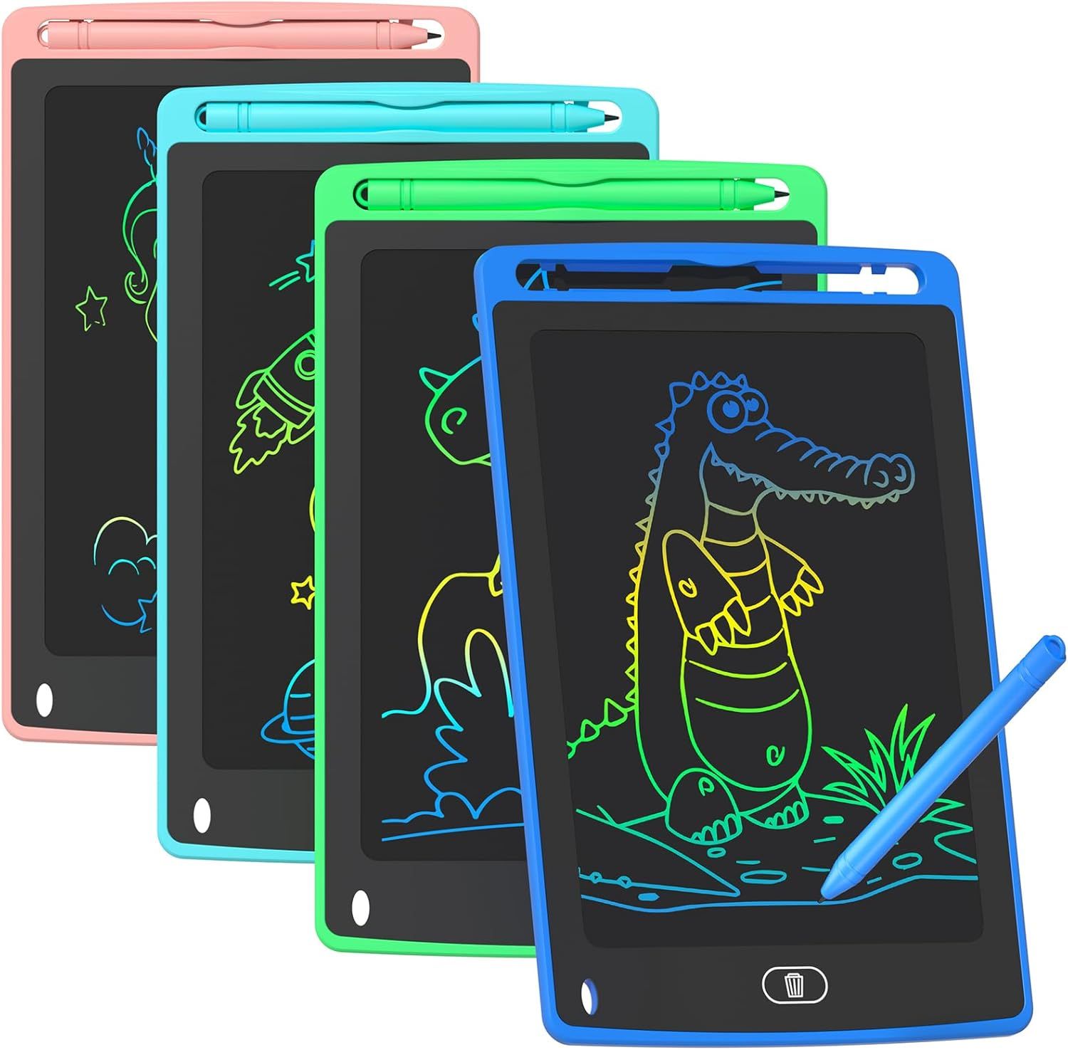 Shows the product is available in multiple color options (pink, cyan, green, blue) to help shoppers choose their preferred variant. Demonstrates that each LCD writing tablet comes with a matching…