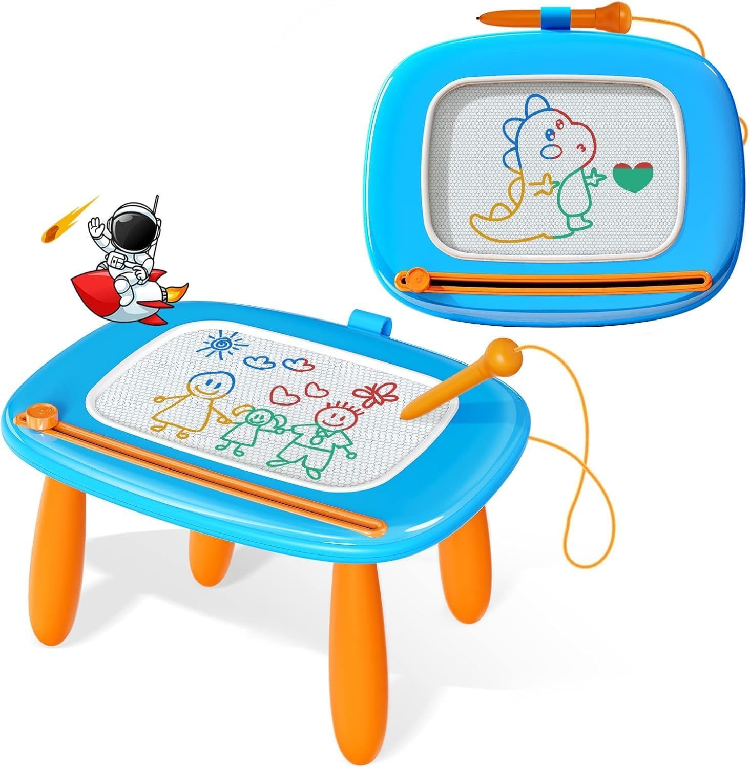 Shows the core product—a children's magnetic drawing board set with two boards and attached stylus pens—to communicate what the buyer receives and how the product looks. Uses a playful astronaut…